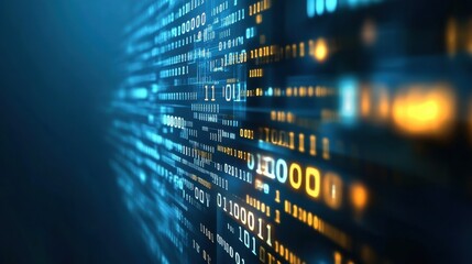 Obraz premium Digital Data Flow Matrix: Realistic Binary Code Streaming Through Complex Cyber Network Visualization