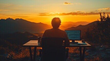 Obraz premium Silhouette of a person working on a laptop with a stunning sunset view in the mountains.