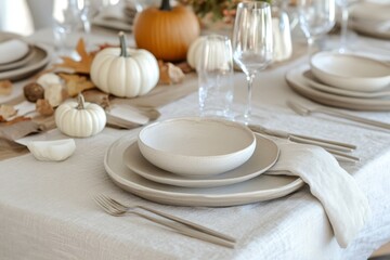 A beautifully arranged dining table showcases neutral-toned dishware alongside decorative pumpkins and autumn leaves, creating a warm atmosphere.