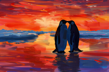 Two penguins standing on a beach at sunset