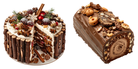 Traditional buche de noe yule cake isolated on transparent background,