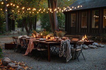 A large table is set for an outdoor dinner under glowing string lights, surrounded by trees and a crackling fire for a cozy atmosphere.