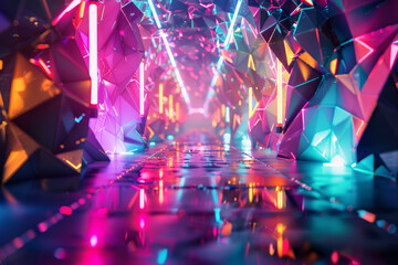 A neon tunnel with a bright blue light at the end