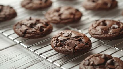 A rack of chocolate chip cookies on a white table