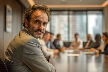 Obraz premium A man with a beard and gray hair sits at a table with a group of people