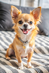 Chihuahua happy, The dog is standing on the bed