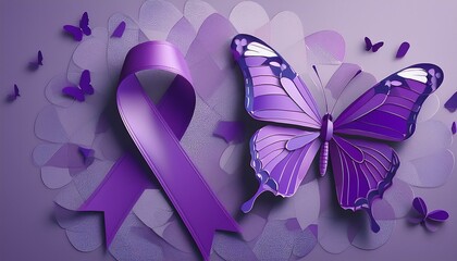 International Epilepsy Day. Purple ribbon with butterfly on purple background. Alzheimer's disease, Pancreatic cancer, Hodgkin's Lymphoma awareness. World Lupus Day and world cancer. copyspace