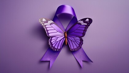  International Epilepsy Day. Purple ribbon with butterfly on purple background. Alzheimer's disease, Pancreatic cancer, Hodgkin's Lymphoma awareness. World Lupus Day and world cancer. copyspace
