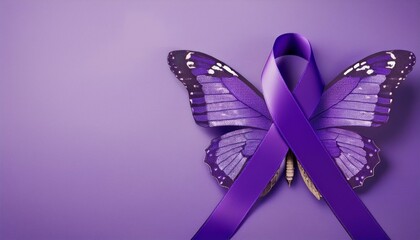  International Epilepsy Day. Purple ribbon with butterfly on purple background. Alzheimer's disease, Pancreatic cancer, Hodgkin's Lymphoma awareness. World Lupus Day and world cancer. copyspace