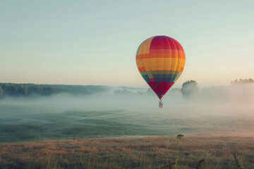 Obraz premium A hot air balloon is flying over a foggy field