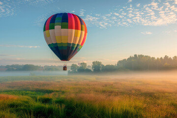 Fototapeta premium A hot air balloon is flying over a field of grass