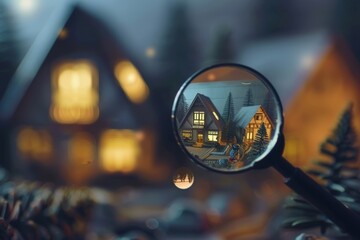 A magnifying glass is used to look at a house and the surrounding area, generative ai image