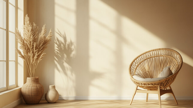Fototapeta  Pusty beżowy ścienny mockup w wnętrzu w stylu boho. Ściana, w subtelnym odcieniu beżu, stanowi neutralne tło dla boho-chic pokoju.