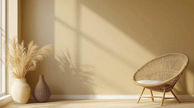 Fototapeta  Pusty beżowy ścienny mockup w wnętrzu w stylu boho. Ściana, w subtelnym odcieniu beżu, stanowi neutralne tło dla boho-chic pokoju.
