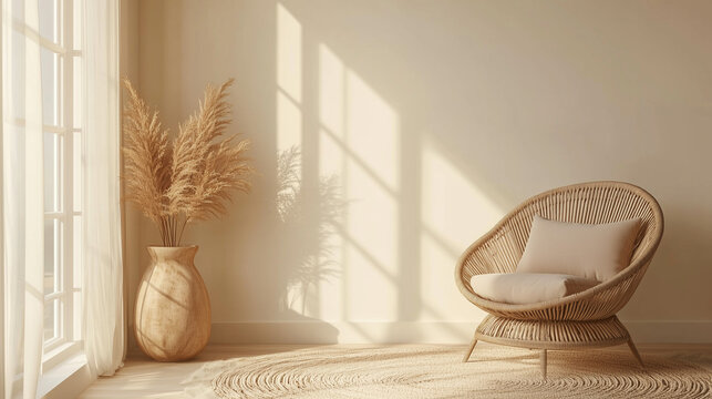Fototapeta  Pusty beżowy ścienny mockup w wnętrzu w stylu boho. Ściana, w subtelnym odcieniu beżu, stanowi neutralne tło dla boho-chic pokoju.