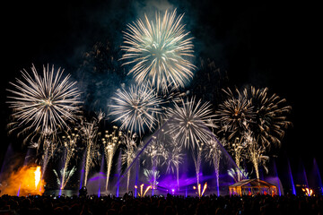 Fireworks on the dark sky background in geneva switzerland festival. Fireworks show in Wake...
