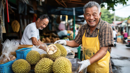 Fototapeta premium Smiling vendor holding a durian fruit at a market stall. Another person is working in the background. Baskets of durians are displayed on the table.