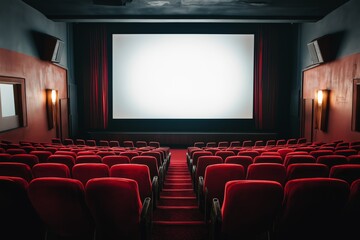 Fototapeta premium Deserted cinema featuring vibrant red seating and a large bright white projection screen