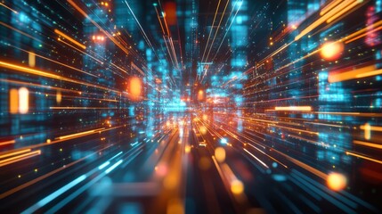 Neon Grid Cyberpunk Virtual Reality Landscape - High-Tech Network Visualization in Immersive Digital World