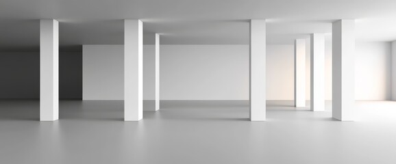 futuristic white light pillars on the right and left side of an empty space, white background
