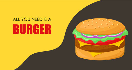 Burger. Banner, poster. Fast food and street food. Vector illustration