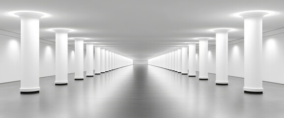 futuristic white light pillars on the right and left side of an empty space, white background