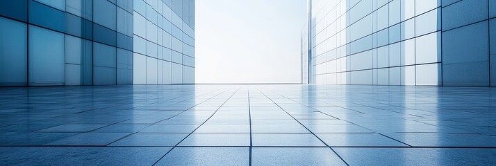 Obraz premium A spacious area features sleek glass walls and a shiny tile floor, creating a modern ambiance flooded with natural light