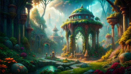 Fototapeta premium retro mythological fantastical enchanted elven glade sanctuary background