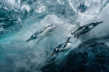 Fototapeta premium Three penguins are swimming in the ocean, with one of them being the largest