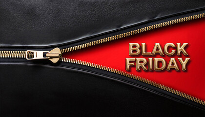 Black Friday sale sign behind the zipper on the rustic table. 