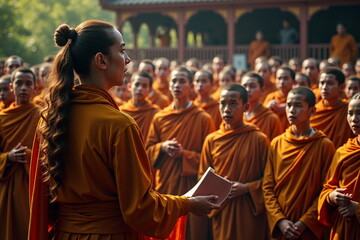 Obraz premium A woman stands among a group of monks, possibly in a religious setting