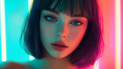 Obraz premium striking close-up portrait of a girl, Photography, Beauty, Portrait, Green Bob Haircut, Neon Lights