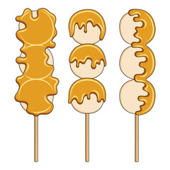 Set of color illustration with Japanese rice dessert mochi on stick with sauce. Isolated vector object on white background.