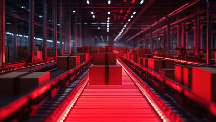 A red glowing digital network with boxes on the conveyor belt in a warehouse