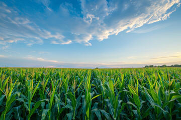 Obraz premium A field of corn is shown with a clear blue sky in the background