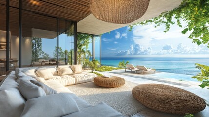 Obraz premium Beach living - ocean villa seaside & sea view for vacation and summer / 3d render interior