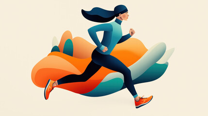 Illustration of a woman running with dynamic abstract shapes in the background. The runner is dressed in athletic wear and appears in motion.