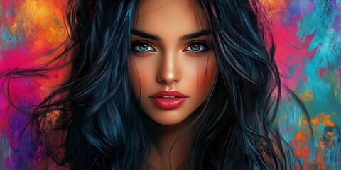 Obraz premium A mesmerizing portrait of a woman with long black hair against a vibrant, Portrait, Beauty, Long Hair, Artistic Background,