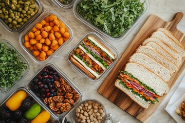 A variety of fresh ingredients, including greens, fruits, and nuts, surrounds neatly stacked sandwiches ready to eat.