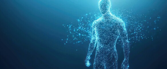 Abstract isolated human body on blue background. Polygonal top of body of adult man with polygons, particles, lines and connected dots. Medicine and healthy life digital concept. Low poly wireframe