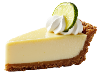 Lime Pie Perfection: A slice of classic key lime pie, garnished with whipped cream and a fresh lime wedge, isolated on transparent background. The perfect dessert for a summer celebration.