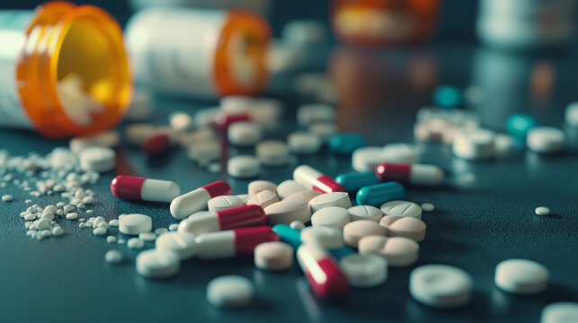A close-up of assorted prescription pills spread across a cluttered table, some partially crushed, representing the widespread issue of drug overuse in society.