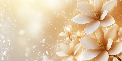 A soft, gentle abstract background featuring white magnolias on a beige backdrop with bokeh effects and ample copy space