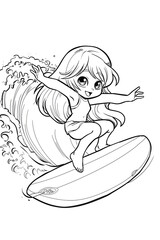 A joyful girl with flowing hair glides gracefully on a surfboard in the bright ocean waves during a sunny day at the beach