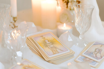 Close-Up of Woman’s Hands Shuffling Tarot Deck with Angel Card on Light Pink Sweater

