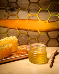 Golden honey and honeycobms,  beekeeping background