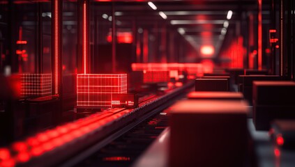 A red glowing digital network with boxes on the conveyor belt in a warehouse