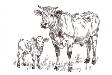 Hand-Drawn Illustration of Cow and Calf in Pastoral Scene