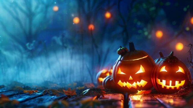 An enchanting Halloween scene with a plethora of eerie pumpkins set against a mysterious forest backdrop