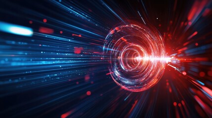 Fototapeta premium Quantum Particles in Motion: Futuristic Tech Background of Quantum Computing and Subatomic Science